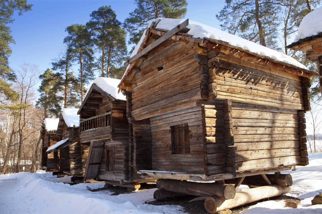 Seurasaari cabins with snow