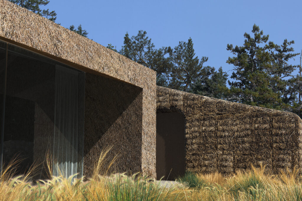Bjarke Ingles Group (BIG) project on Vollebak Island: close up view of stone house by field