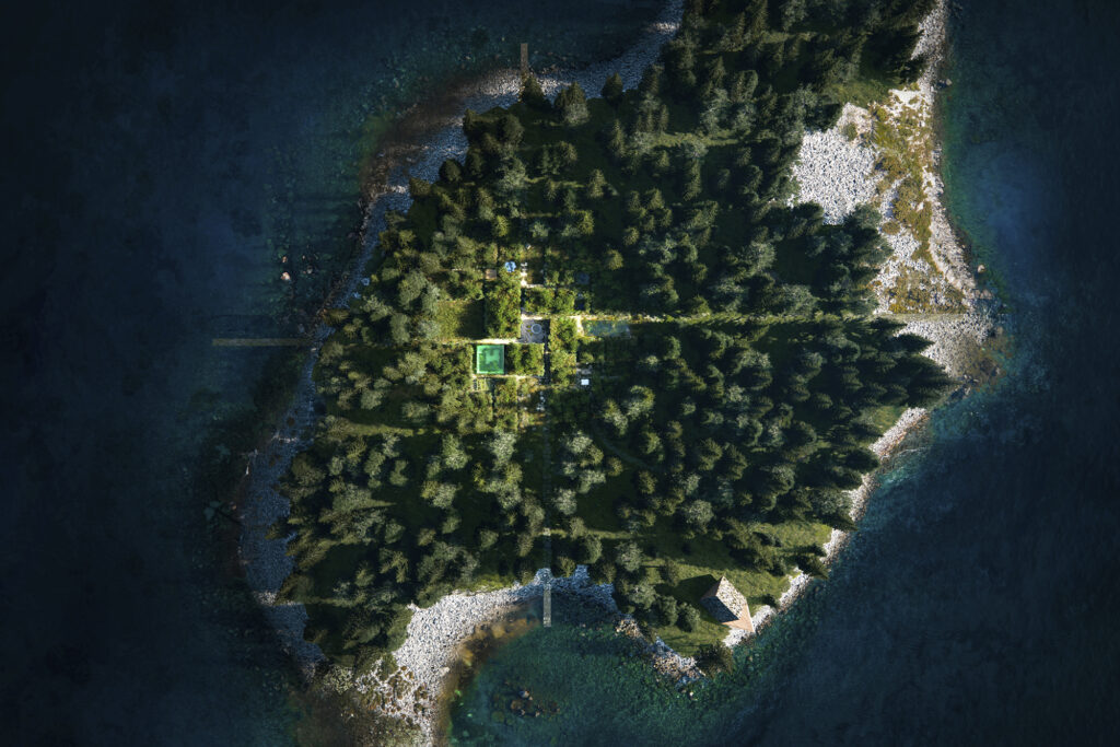 Bjarke Ingles Group (BIG) project on Vollebak Island aerial view of island