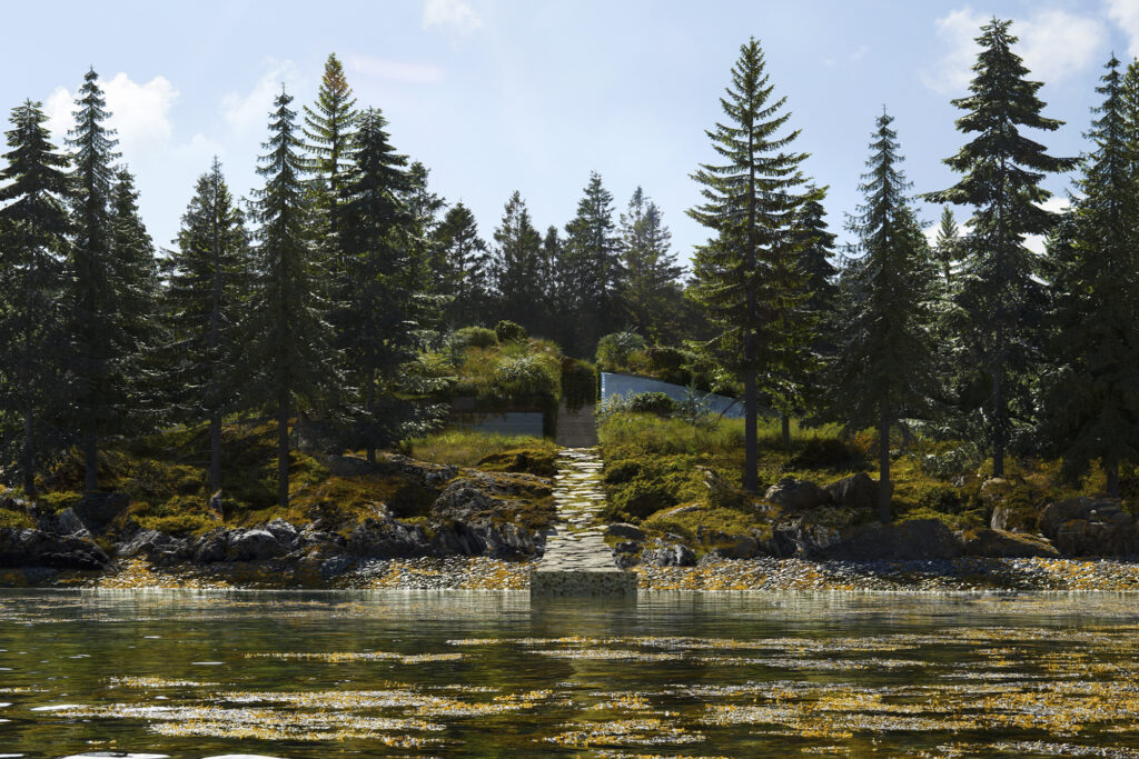 Bjarke Ingles Group (BIG) project on Vollebak Island: view of rendering from lake, house framed by pine trees 