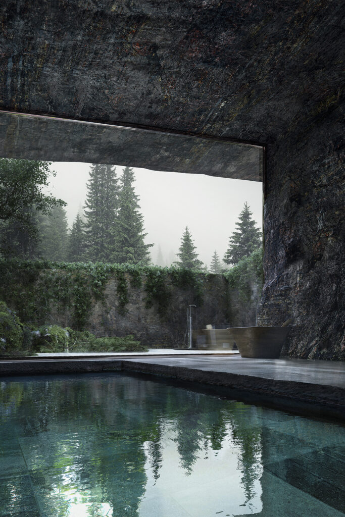 Bjarke Ingles Group (BIG) project on Vollebak Island: shows indoor scene of rocky interior pool with view of evergreens outside 