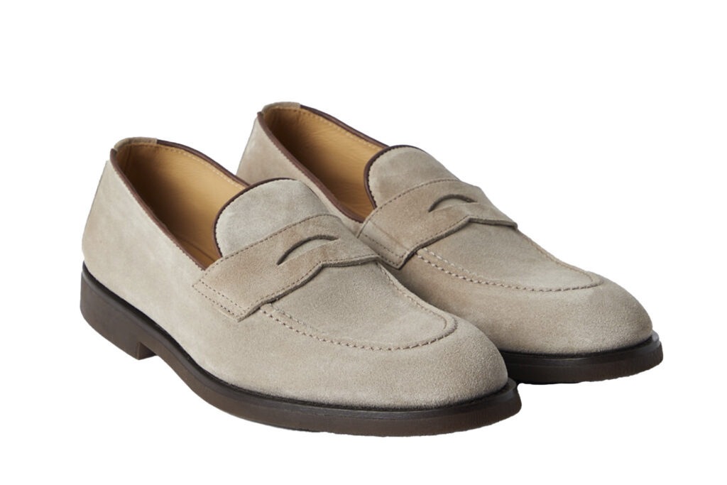 Brunello Cucinelli Washed Suede Penny Loafers on white background
