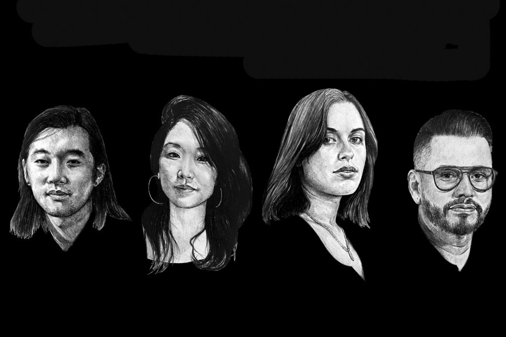 four sketch-style images of filmmakers on a black background