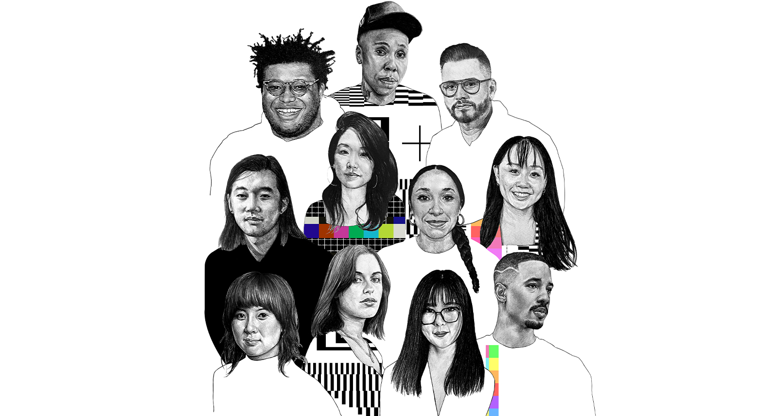 Portraits of eleven BIPOC filmmakers in a sketch style on a white background