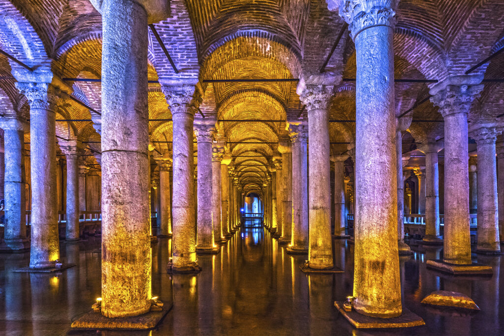 Columns inside the Basilica Cistern, a tourist spot in Istanbul