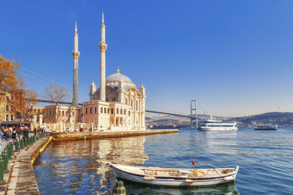 Mosque stretches out to overlook the Bosphorus River in Istanbul
