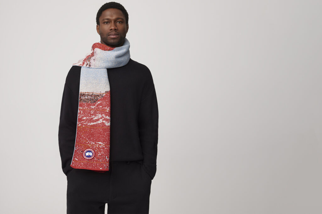 Canada Goose scarf modelled on man for Rok Hwang Canada Goose collab