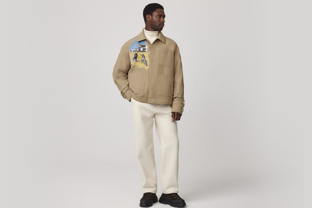 Man modelling beige jacket for Rokh Canada Goose collab