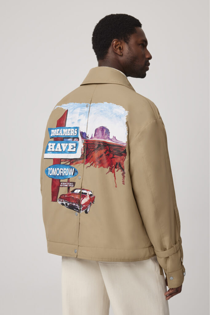 Model wearing jacket for Rokh x Canada Goose x Matt McCormick, showing the back of the jacket