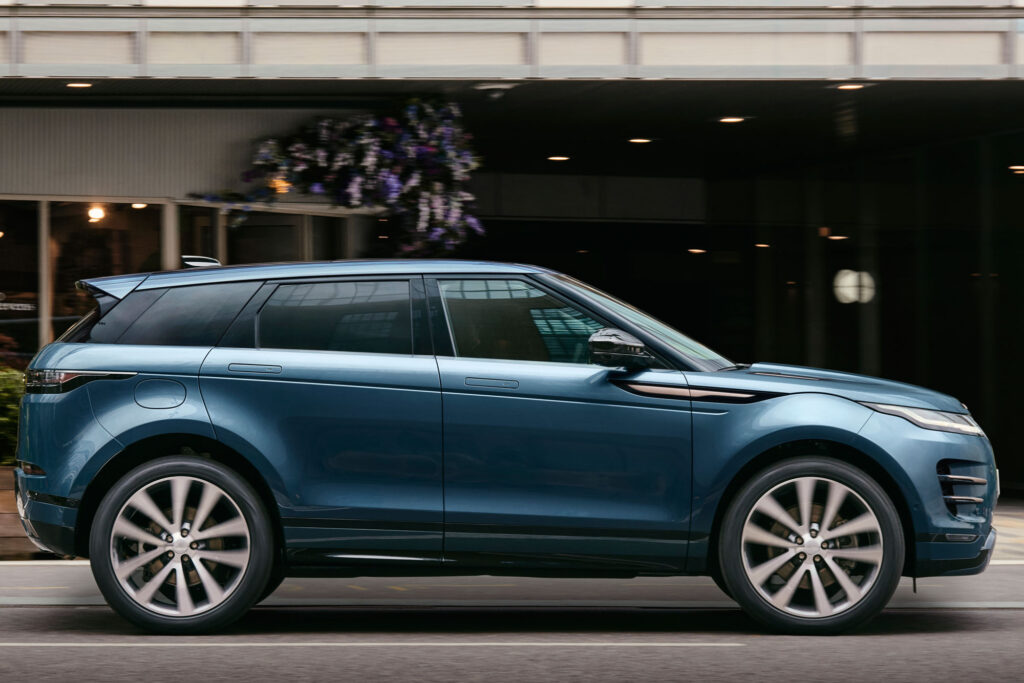 Blue Range Rover Evoque shot from the side