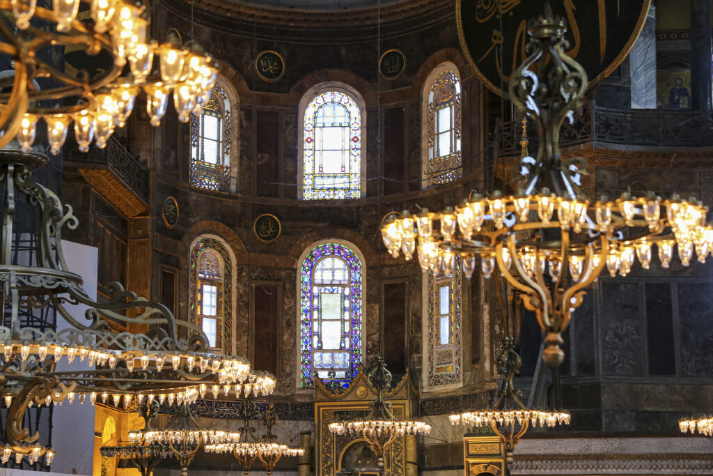 Hagia sophia interior view of chandeliers