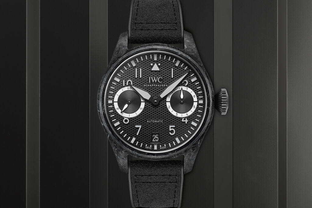 IWC Big Pilot’s Watch AMG G 63 in black from the front with a black striped background