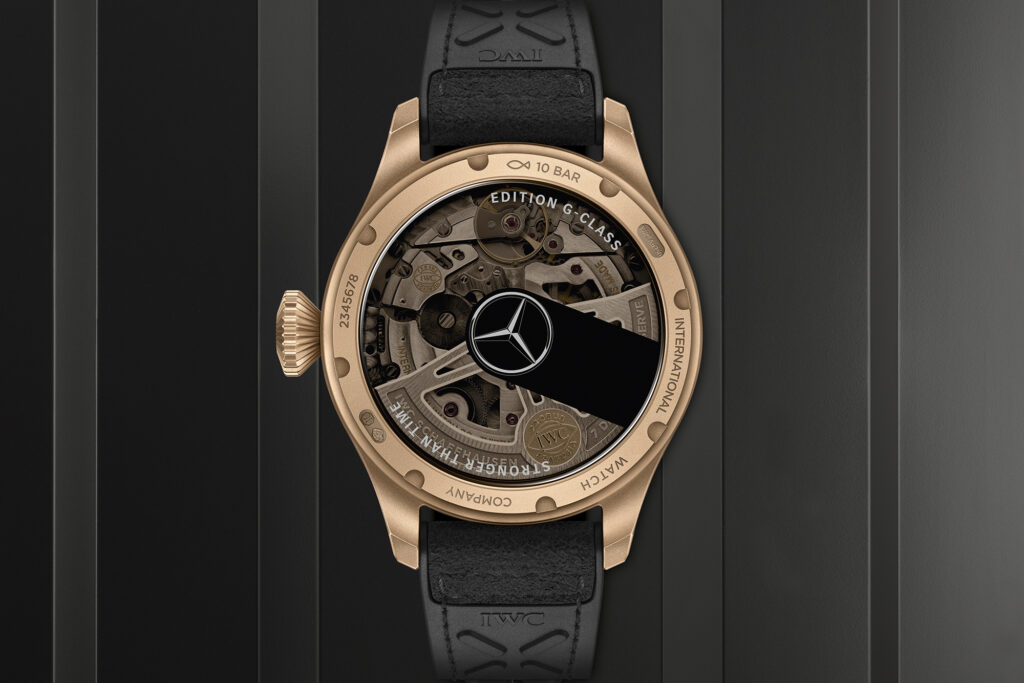 IWC Big Pilot’s Watch AMG G 63 in gold from the back on a striped black background
