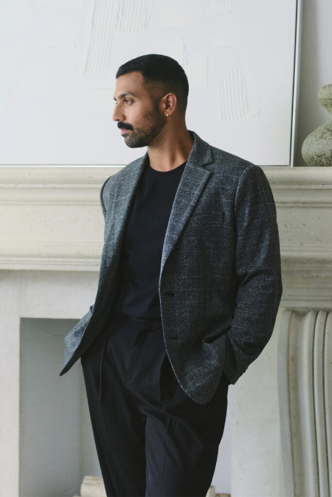 Joe fresh model in grey blazer and black tee