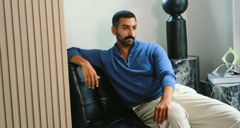 Joe fresh model in essential blue sweater