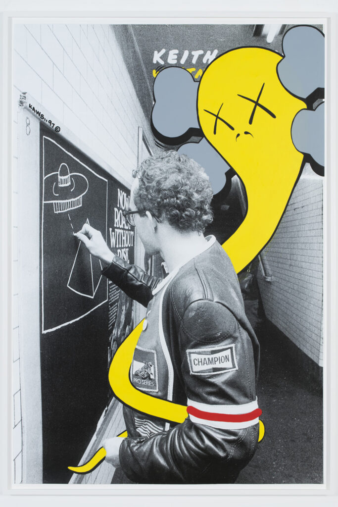 KAWS. UNTITLED (HARING), 1997. Acrylic on existing advertising poster, 172.7 × 121.9 cm. © KAWS. Photo: Farzad Owrang