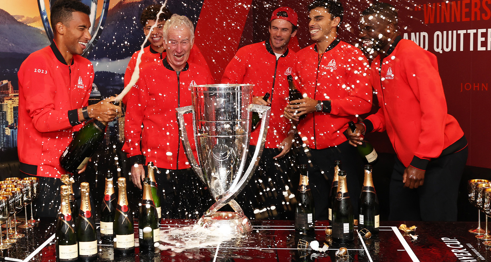 Laver Cup in Vancouver, players celebrating with Moet & Chandon champagne