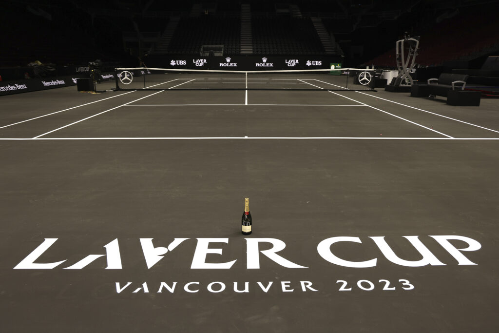 Moet bottle on tennis court at Laver Cup in Vancouver