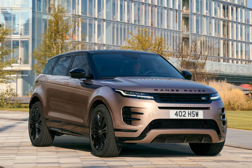 A bronze Range Rover Evoque parked and shot from the front right