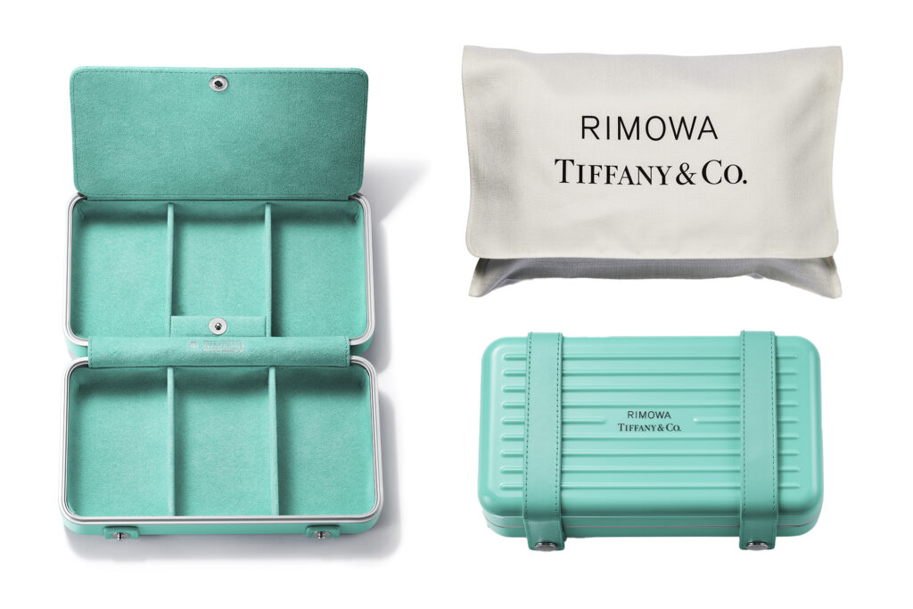 Small RIMOWA x Tiffany case, shown inside the back and opened up into 3 compartments