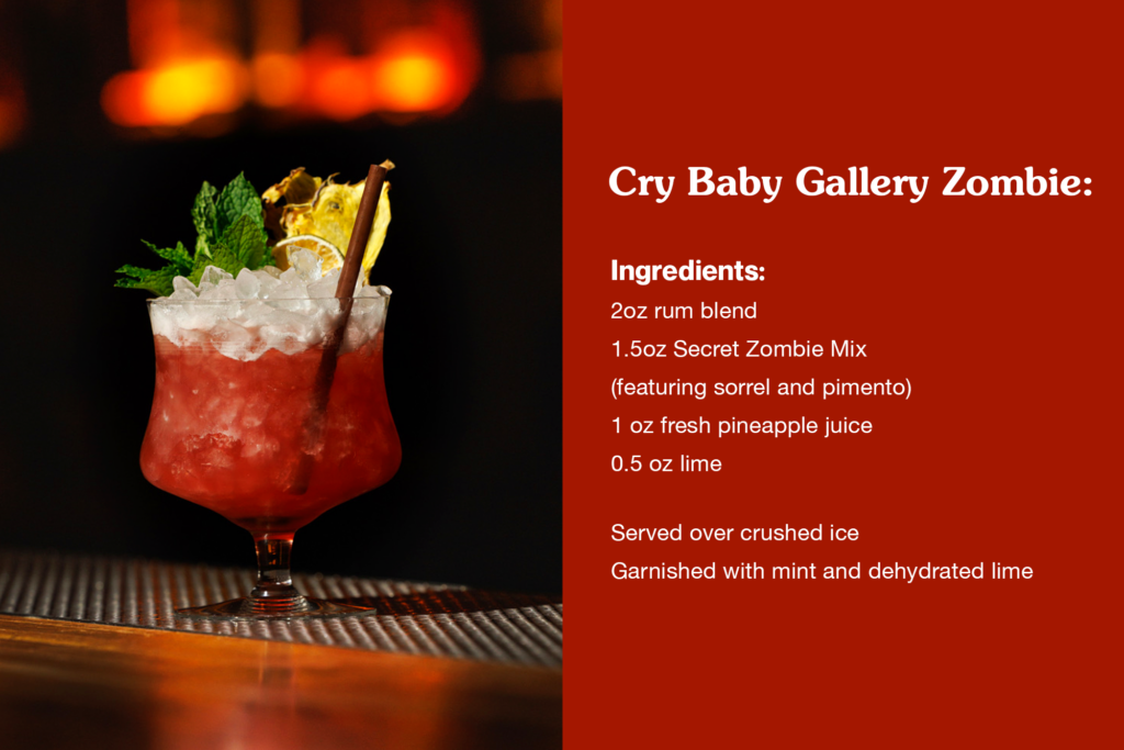Recipe card shows how to make a Zombie cocktail; the drink is on the left and the recipe is on the right