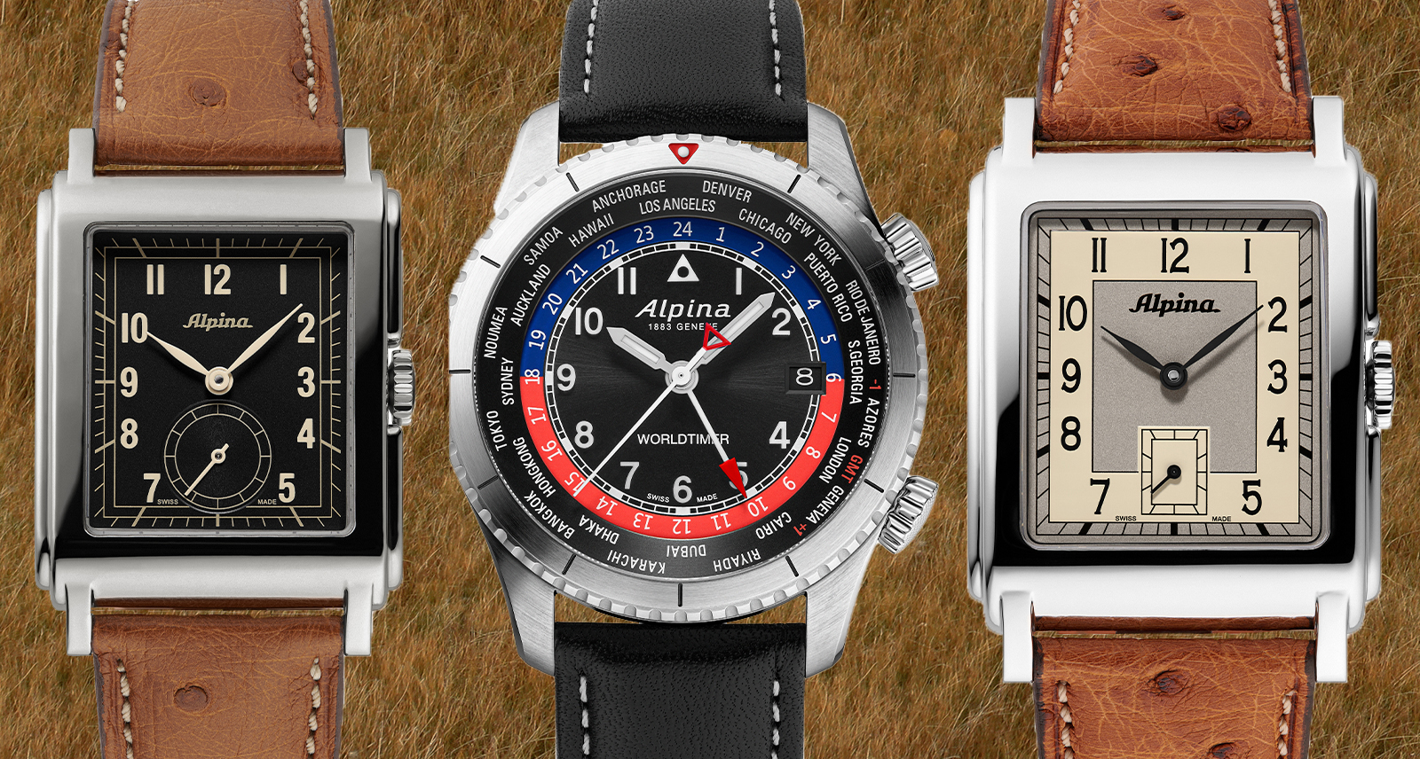 Alpina three watches laid out over grass background