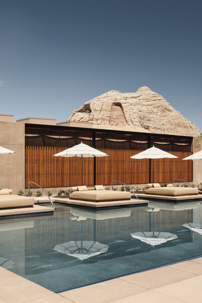 outside of Amangiri's Camp Sarika with umbrellas and pool