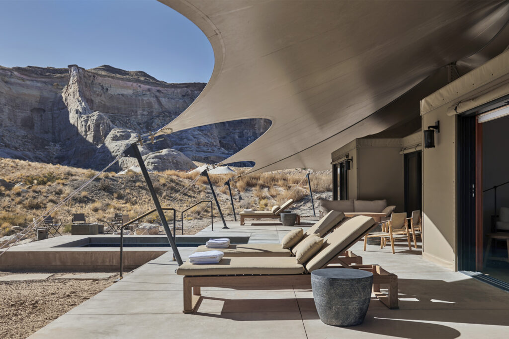lounge chairs under cabana at desert resort