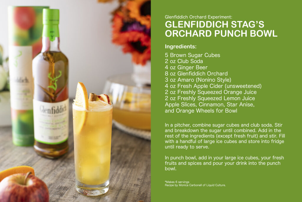 GLENFIDDICH STAG’S ORCHARD PUNCH BOWL recipe card on the left