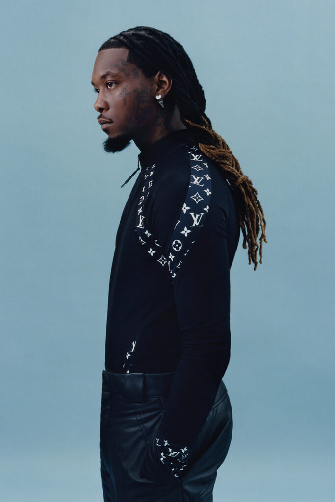 Offset interview on off the wall for Sharp November; rapper against blue wall