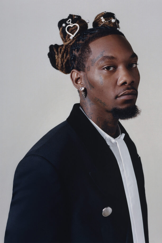 Offset interview on off the wall for Sharp November; headshot while he has a black jacket and white shirt