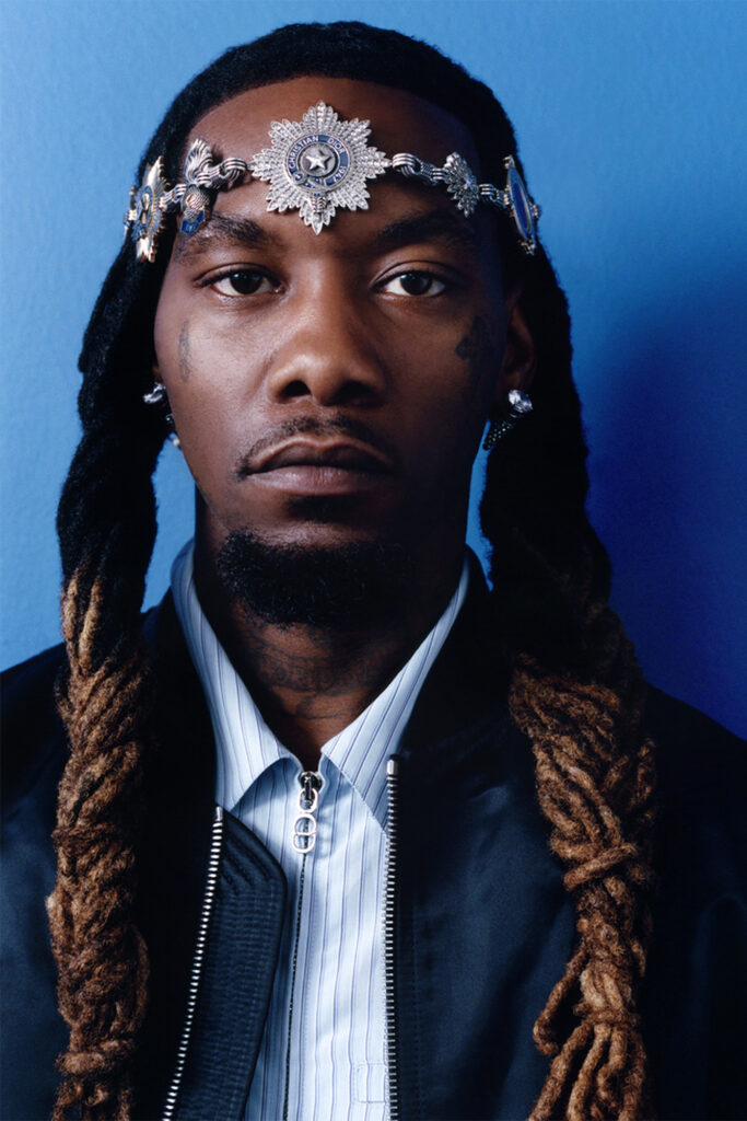 Offset interview on off the wall for Sharp November; rapper with hair down, collared shirt, jacket, and silver Christian Dior band across his forehead