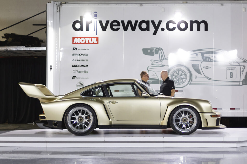 side view of golden Porsche done by Singer restoration