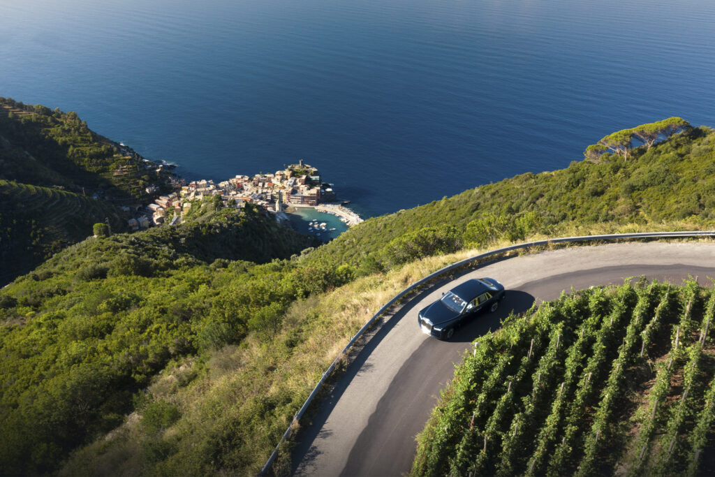 Rolls-Royce Bespoke Phantom drives along the Cinque Terre