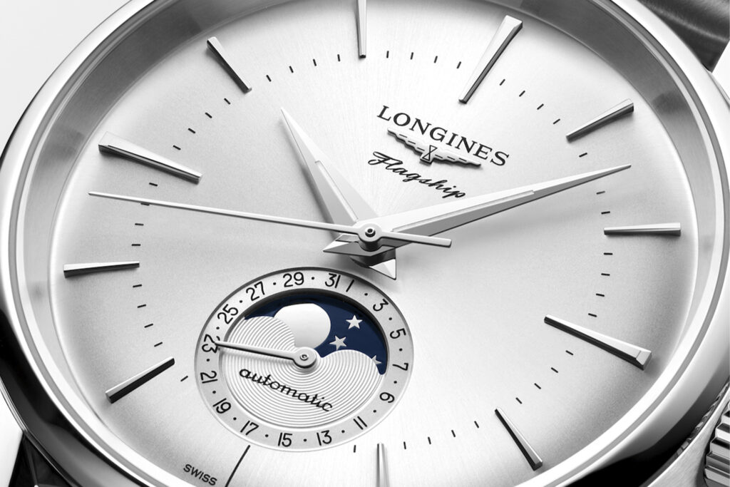 Longines Flagship Heritage Moonphase in silver close up of dial