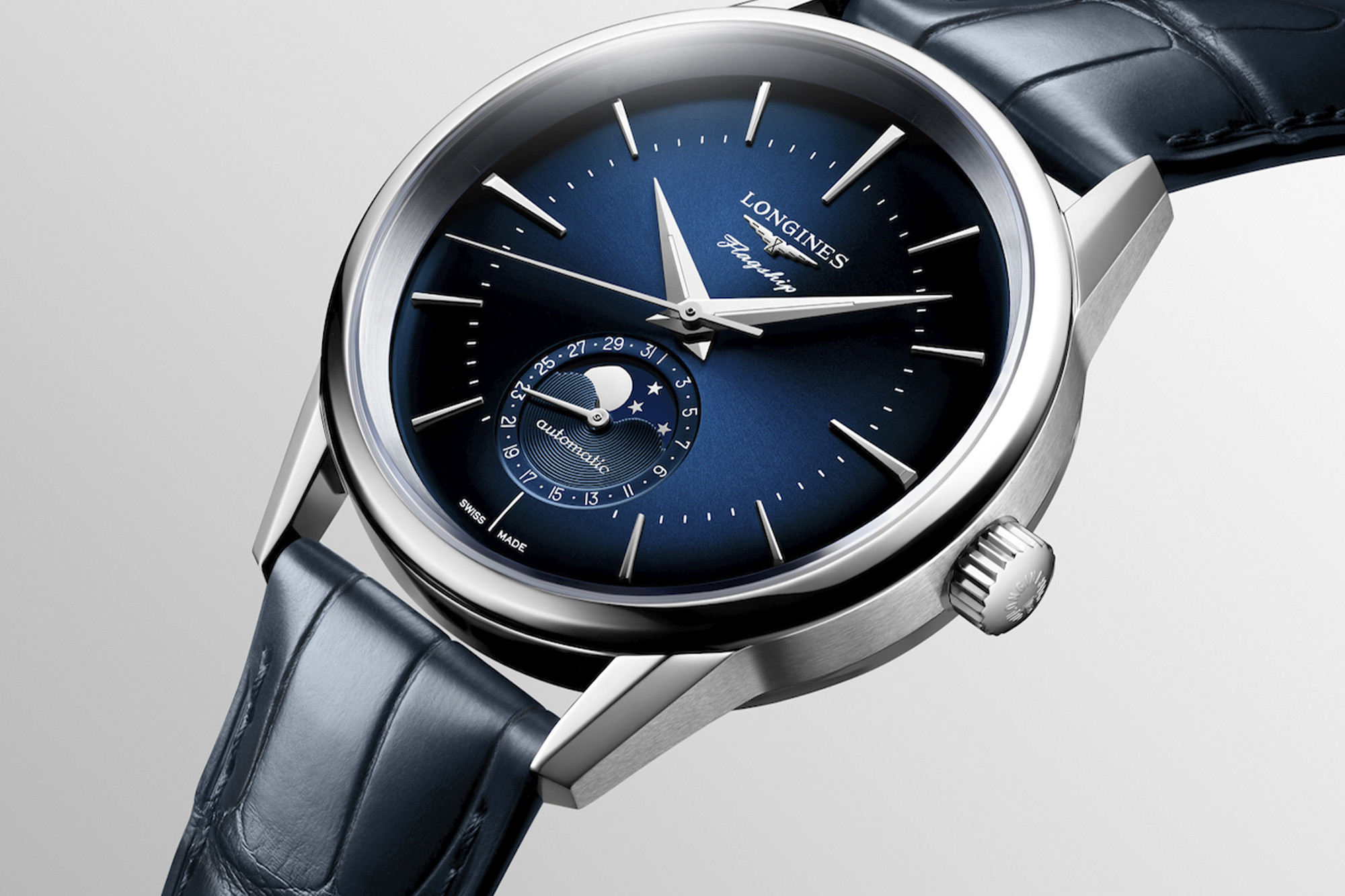 Longines Flagship Heritage Moonphase front of blue dial shot from the side