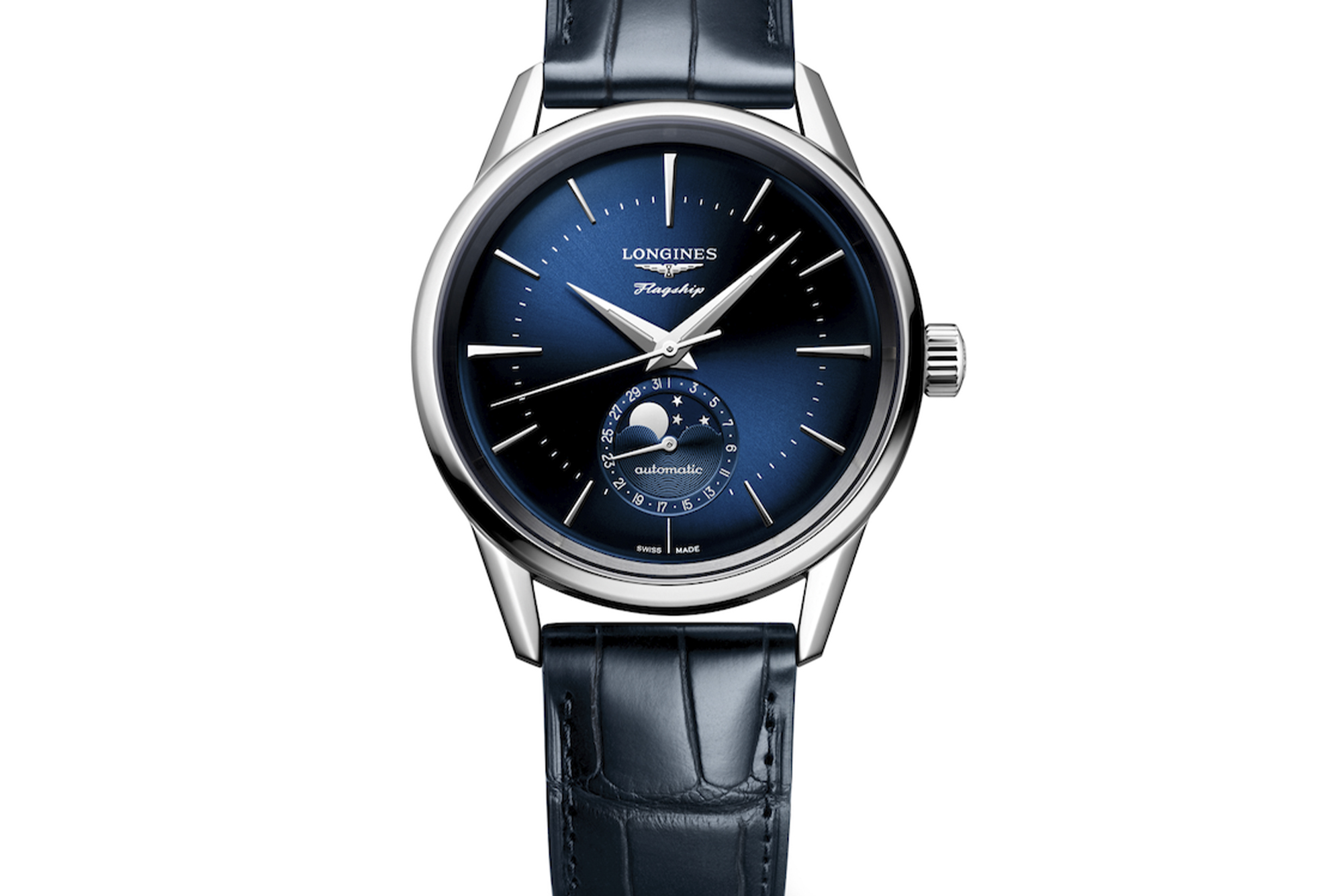 Longines Flagship Heritage Moonphase from of watch with blue navy band