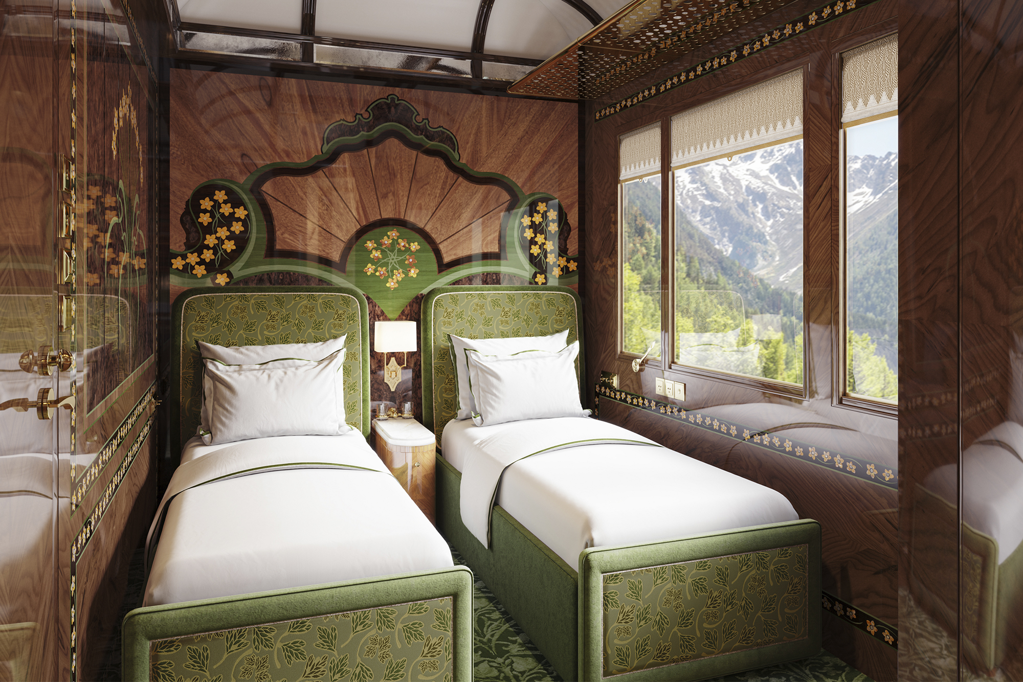 green twin beds inside Venice Simplon-Orient Express