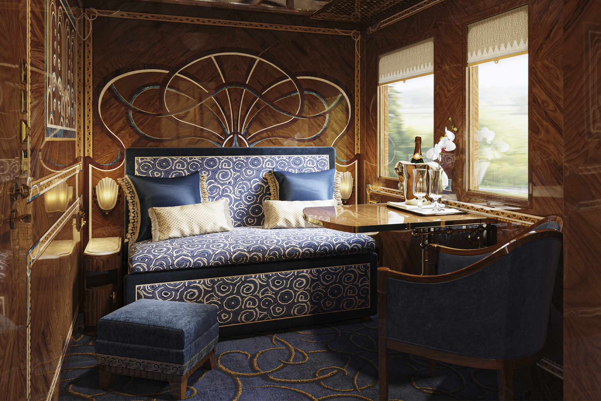 blue room inside Venice Simplon-Orient Express