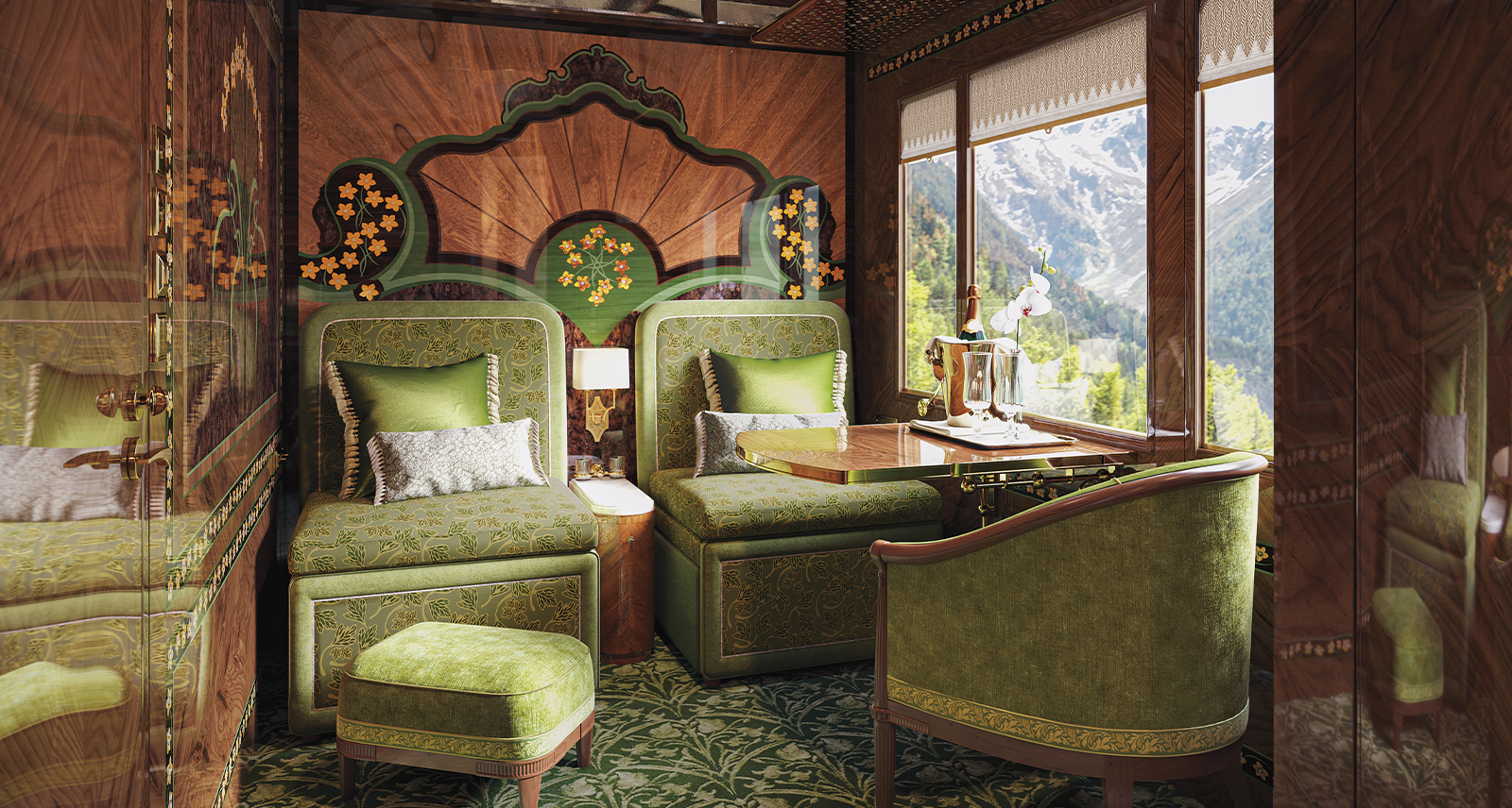 view of green twin beds and chair inside the Venice Simplon-Orient Express