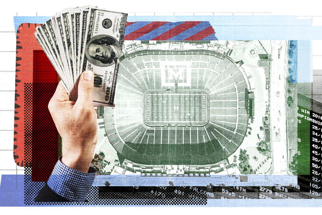 Collage shows a football field and a hand with money to show sports better for billy walters gambler book