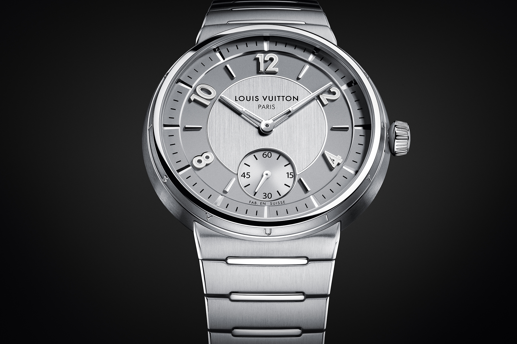 Louis Vuitton Tambour steel bracelet silver dial front
