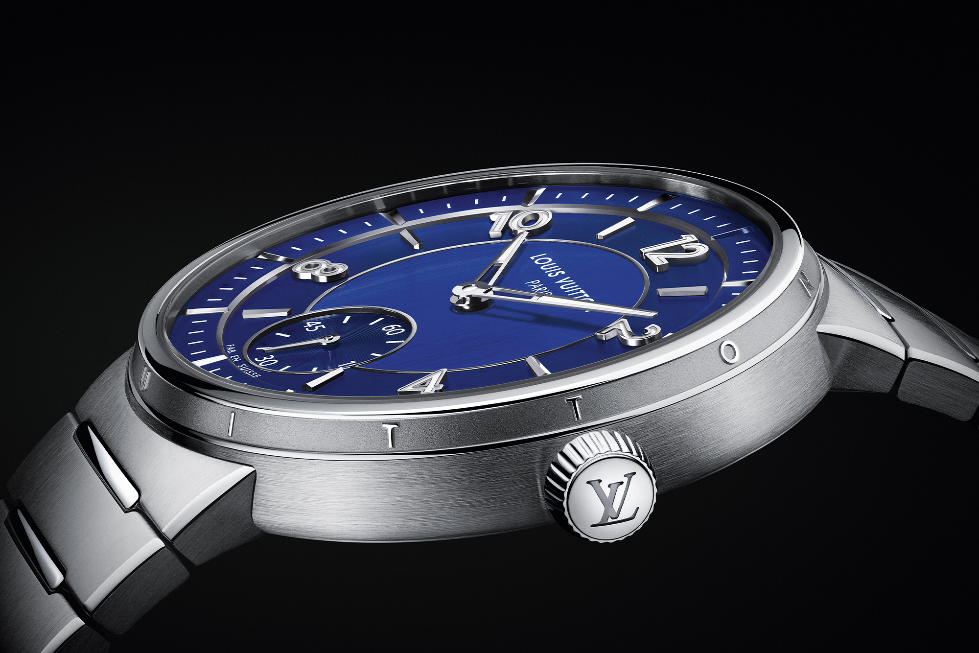 Louis Vuitton Tambour steel bracelet blue dial side