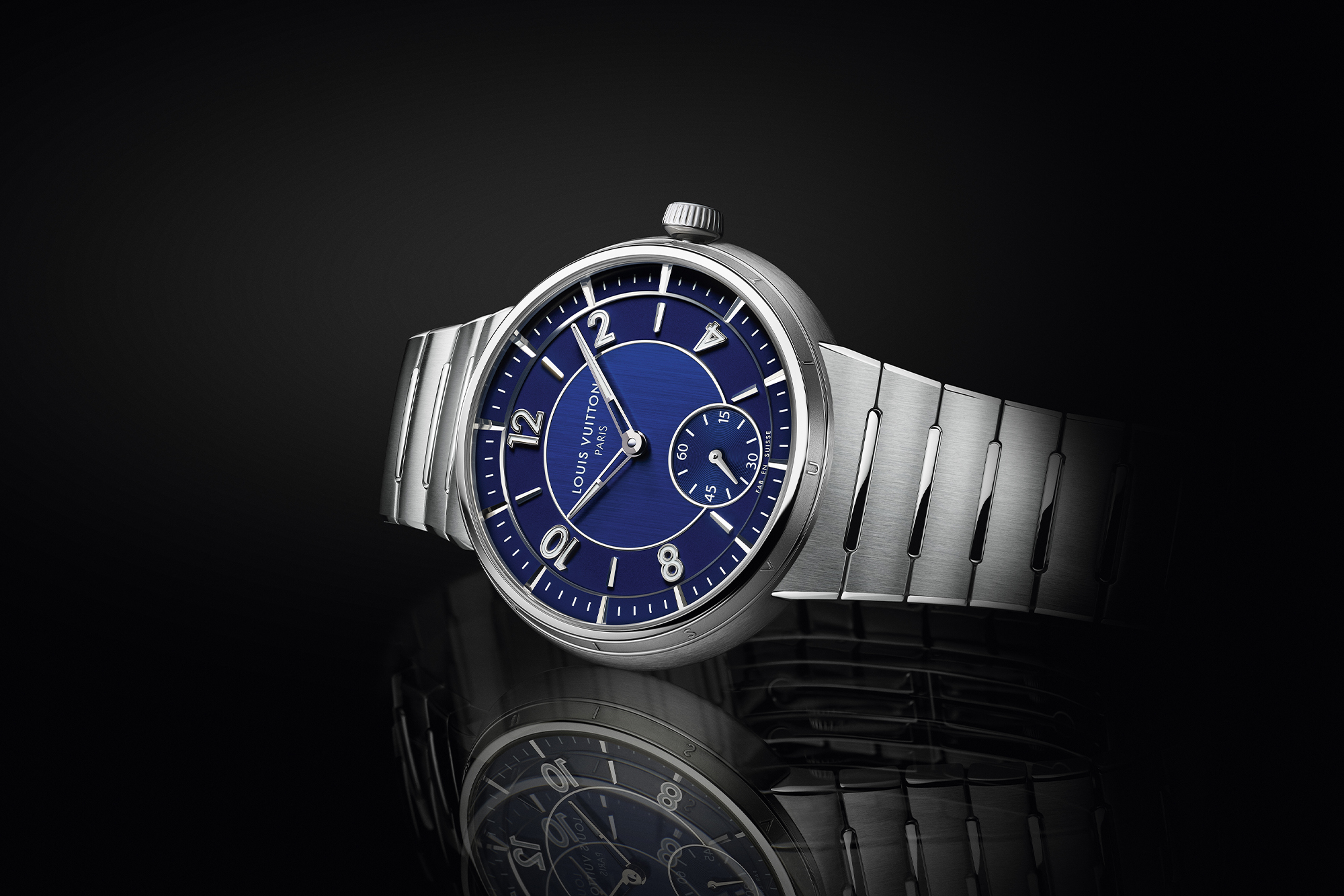 Louis Vuitton Tambour steel bracelet blue dial