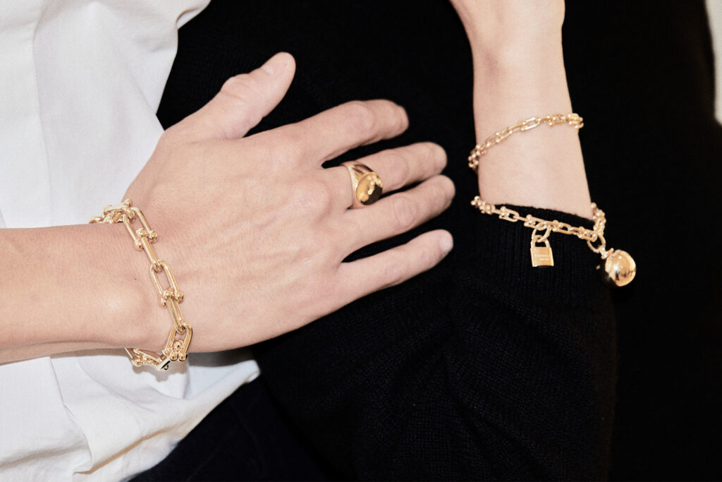 Laurence Fortin-Cóté and Dylan Wu for Tiffany & Co. HardWare Collection: closeup of gold bracelets