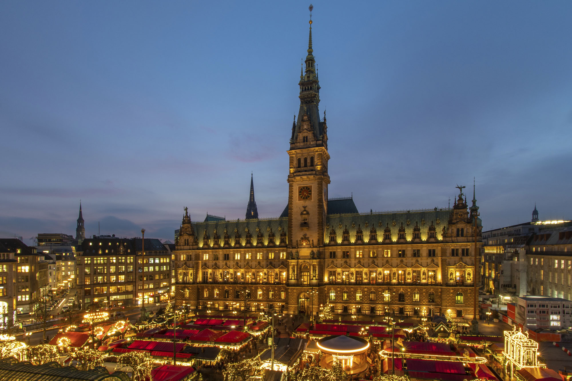 Vienna, Austria christmas market aerial view at nighttime