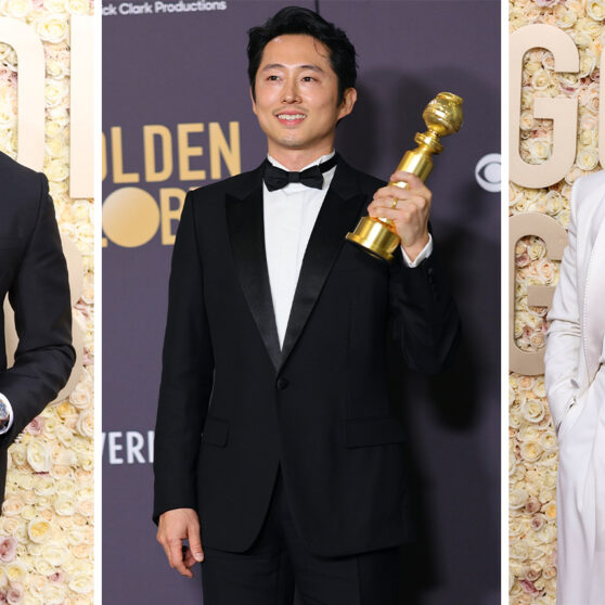 Golden Globes best dressed men — left to right: Colman Domingo in Louis Vuitton, Steven Yeun in Dior, Jonathan Bailey in Givenchy