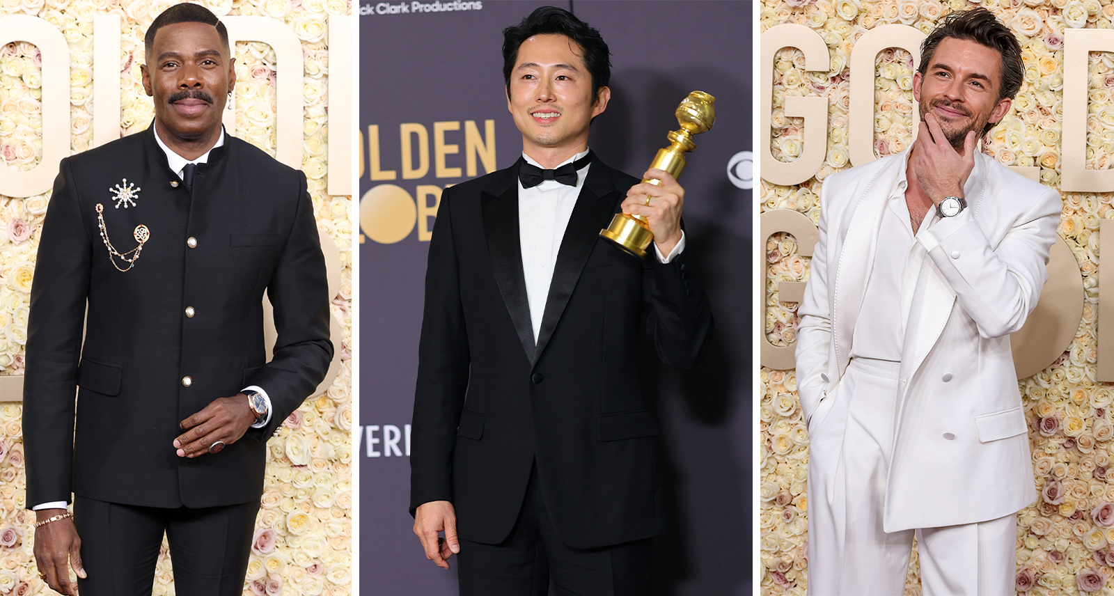 Golden Globes best dressed men — left to right: Colman Domingo in Louis Vuitton, Steven Yeun in Dior, Jonathan Bailey in Givenchy