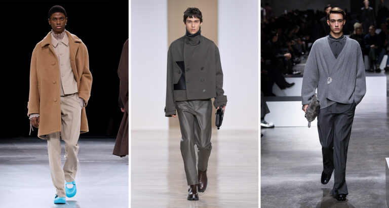 Men's Winter Fashion Trends collage between looks at Dior, Hermès, and Fendi Men's Fashion Week 2024