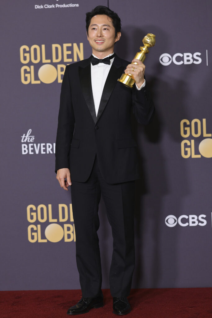 Steven Yeun wearing Dior Men's, best dressed at the 81st Golden Globes, 2024